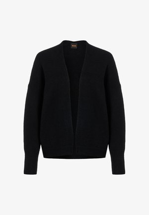 Czarny dziergany sweter z otwartym przodem, szerokimi rękawami i ściągaczami przy mankietach. Miękka tekstura, minimalistyczny design, bez widocznych zapięć czy wzorów.