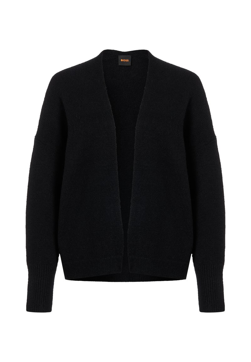 Cardigan noir en maille avec un devant ouvert, des manches larges et des poignets côtelés. Texture douce, design minimaliste, sans fermetures apparentes ni motifs.