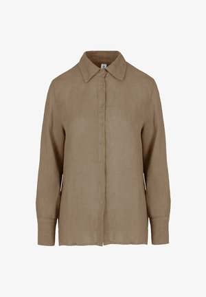 Langärmliges Hemd mit Knopfleiste aus hellbraunem Leinenstoff mit klassischem Kragen und geknöpften Manschetten.