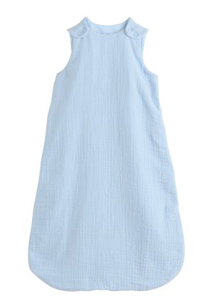 Sleeveless light blue baby sleep sack with soft textured fabric and snap closures on shoulder straps.
