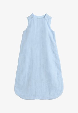 Ärmelloser hellblauer Babyschlafsack aus weichem, strukturiertem Stoff mit Druckknöpfen an den Schulterriemen.