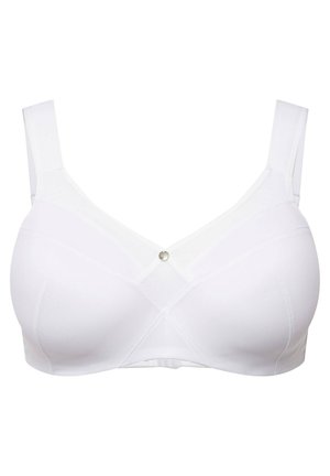 Valkoinen langaton rintaliivi, jossa on sileä kangaspinta, säädettävät olkaimet ja koristeellinen metalliyksityiskohta keskellä. Täysipainotteinen muotoilu.