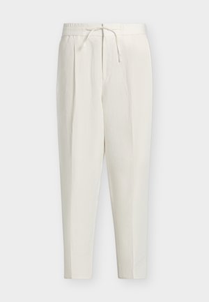 Εκρού παντελόνι με ελαστική μέση, πιέτες μπροστά και ρυθμιζόμενο κορδόνι στη μέση.