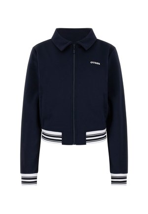Navy blue cropped jacket with a zip front, classic collar, contrasting white striped cuffs, and a small logo on the chest.