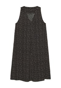 Mustaton ilmanhihoinen mekko V-pääntiellä, jossa on valkoisia pilkkuja. Löysä mitoitus ja sileä kangas.