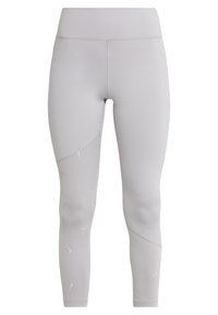 Leggings gris clair en tissu texturé, avec une taille haute, une coupe ajustée et des accents de motifs géométriques subtils.