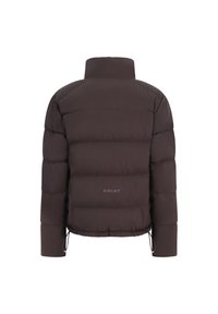 Brown puffer jacket features a high collar, quilted design, and elastic hem. Includes drawstrings at the waist. Logo printed on the back.