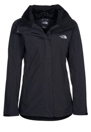 Sort North Face vandafvisende jakke med høj krave, fuld foran lynlås, sidelommer og logo på venstre bryst.