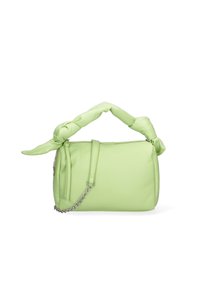 Borsa a tracolla in ecopelle verde con manico superiore imbottito annodato e tracolla in catena removibile. Tessuto liscio e chiusura con zip.