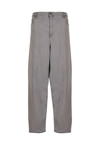 Gray denim trousers with a high waist, wide-leg fit, front zipper, and button closure. Smooth texture with minimalistic design.