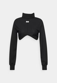 Maglione a collo alto corto nero a coste con maniche lunghe e un sottile dettaglio del logo argento al centro anteriore.