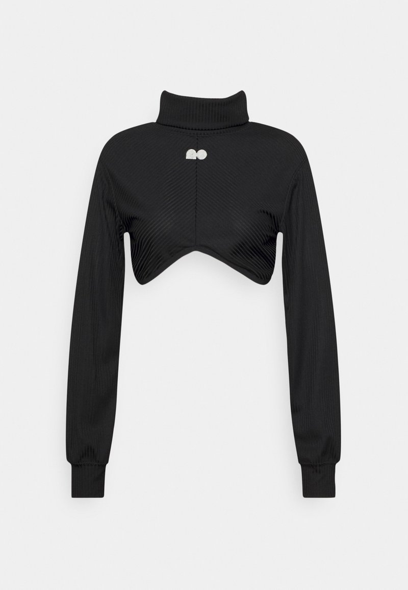 Maglione a collo alto corto nero a coste con maniche lunghe e un sottile dettaglio del logo argento al centro anteriore.