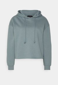 Sudadera corta de color gris claro con capucha ajustable, fabricada en una suave mezcla de algodón, de corte relajado y con puños acanalados, que presenta una etiqueta etiquetada como "PIECES".