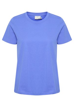 Lühikeste varrukatega T-särk ühtlasest helesinisest värvist, valmistatud pehmest puuvillast materjalist, ümmarguse kaelusega ja vabalt langeva lõikega, minimaalse õmbluse detailidega.