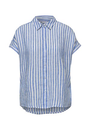 Camisa de manga corta con botones, rayas verticales azules y blancas, con cuello y dobladillo ligeramente redondeado.