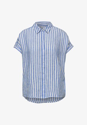 Blauw-wit verticaal gestreept overhemd met korte mouwen, kraag en licht afgeronde zoom.