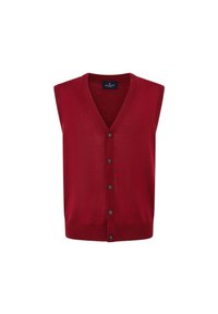 Cardigan rosso senza maniche con scollatura a V, caratterizzato da cinque bottoni marroni sul davanti e una texture in maglia leggera e liscia.