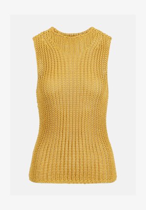 Žuti pleteni mrežasti top bez rukava s uskim rebrastim teksturama i visokim, okruglim izrezom.