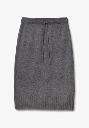 Gray knitted skirt with drawstring waist, featuring ribbed hem details and a soft texture. Simple, straight silhouette without pockets.