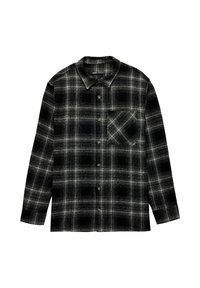 Mustavalkoinen ruudullinen paita nappikauluksella, pitkällä hihalla ja rintataskulla, jossa on neliökuvio. Valmistettu kudotusta kankaasta.