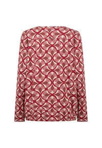 Langarmoberteil mit rotem und cremefarbenem Blumenmuster und grünen Akzenten. Hergestellt aus weichem Stoff, mit lockerem Schnitt und rundem Ausschnitt.