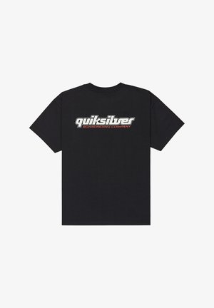 Black cotton t-shirt featuring a large, multicolored "quiksilver" logo and "BOARDRIDING COMPANY" text in bold typography on the back.