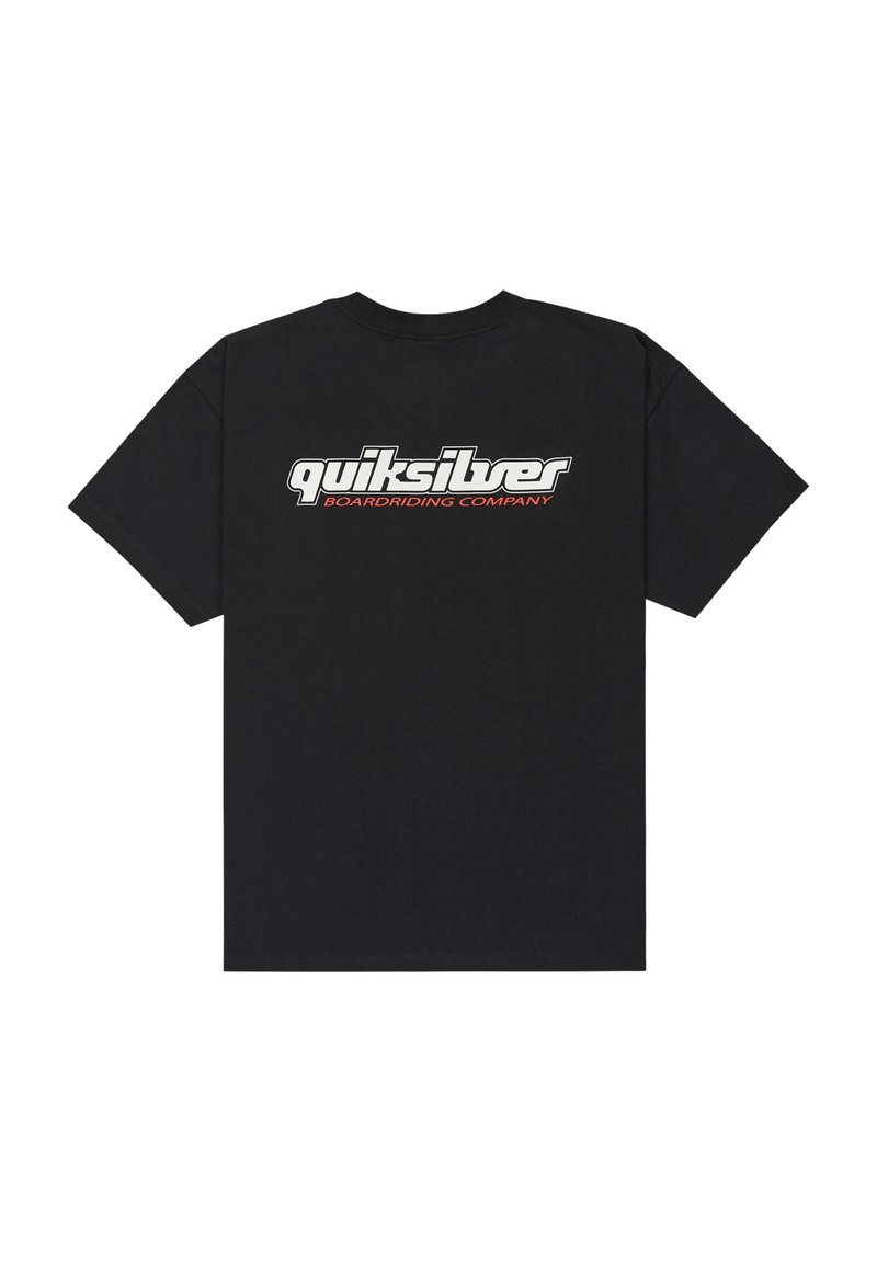 Czarna bawełniana koszulka z dużym, wielokolorowym logo "quiksilver" oraz tekstem "BOARDRIDING COMPANY" w wyrazistej typografii na plecach.