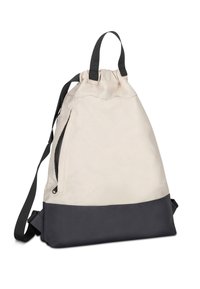 Ljust beige tyg dragsäck med en mörkgrå botten, som har en extern dragkedjeficka och justerbara svarta remmar.