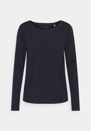 Navy long-sleeve shirt made from soft fabric, featuring a rounded neckline and a straight hem, without patterns or embellishments.