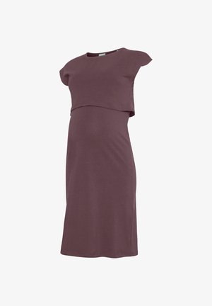 Lavendliroosa lühikeste varrukatega raseduskleit kihilise pealse ja põlveni ulatuva äärega, disainitud mugavuseks ja lihtsaks imetamiseks.