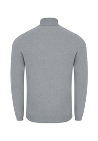 Szary sweter dziany, z wysokim kołnierzem, długimi rękawami, ściągaczami przy mankietach i dolnej krawędzi, gładka tekstura, prosty design, brak widocznych wzorów lub zdobień.