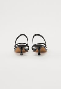 Sandali neri con tacco alto, design con cinturini, tacchi affusolati e texture liscia. Presentano schienali aperti e accenti minimalisti.