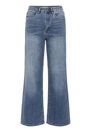Jean en denim bleu taille haute avec jambes larges, bouton et fermeture éclair à l'avant, et design classique à cinq poches.