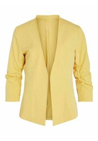 Keltainen bleiseri, jossa on kolmanneksen mittaiset hihat, kutiotu yksityiskohta olkapäillä, avoin etuosa ja sileä, matta kangas.