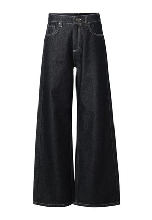 Jeans negri din denim cu picioare largi, talie înaltă, bucle pentru curea, nasture frontal, închidere cu fermoar și detalii de cusături contrastante.