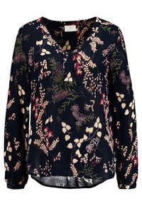 Blouse bleu marine à manches longues, col en V, avec un motif floral comprenant des accents roses, verts et crème ; tissu léger et texturé.