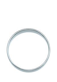 Poleret sølvmetalring, cirkulær form, glat tekstur, ensartet bredde, reflektiv overflade, ingen mønstre eller accenter synlige.