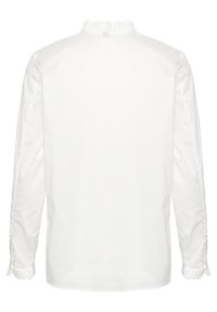 Balta ilgomis rankovėmis palaidinė su raukšlėtu aukštu apykakliu ir raukšlėtomis rankogaliais, matoma iš nugaros ant vienodo fono.