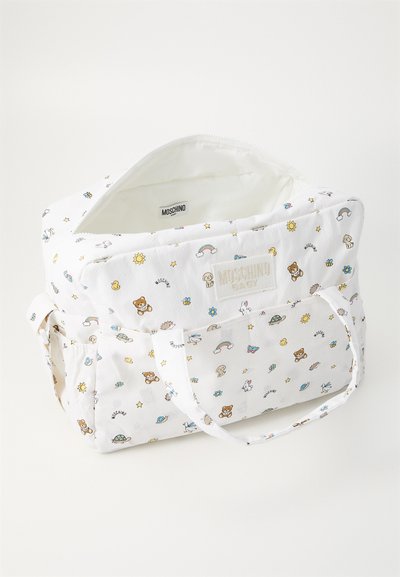 White fabric bag with colorful cartoon patterns including animals, stars, and rainbows. Features a zip closure and two carry handles.