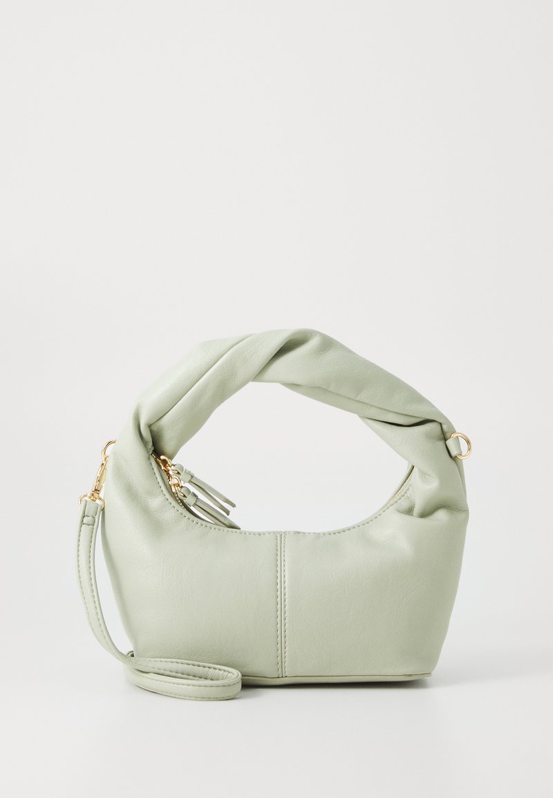 Green faux leather handbag with a twisted handle, gold hardware, and a removable strap. Rounded shape with a smooth texture and seam detailing.