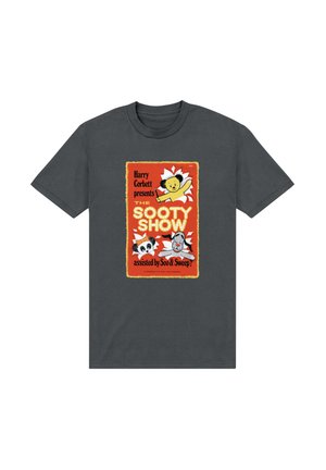 Grå t-shirt med korte ærmer, der viser en farverig grafik fra "The Sooty Show" med tegneseriefigurer, en gul bjørn og tekst på en rød baggrund.