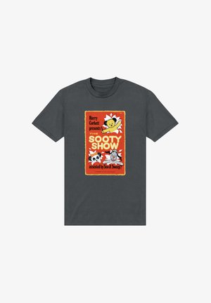 Grijze t-shirt met korte mouwen met een kleurrafische afbeelding van "The Sooty Show" met cartoonfiguren, een gele beer en tekst op een rode achtergrond.