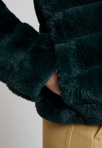 Bunda z umělé kožešiny tmavě modrozelené barvy s měkkým, texturovaným povrchem a proužkovaným vzorem. Má přiléhavý lem rukávu, odhalující holou ruku a hnědé kalhoty.