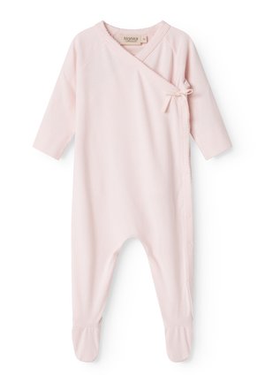 Ensemble pour bébé rose clair à manches longues avec un design enveloppant, des boutons sur le côté et un nœud décoratif. Tissu doux et design avec pieds pour plus de confort.