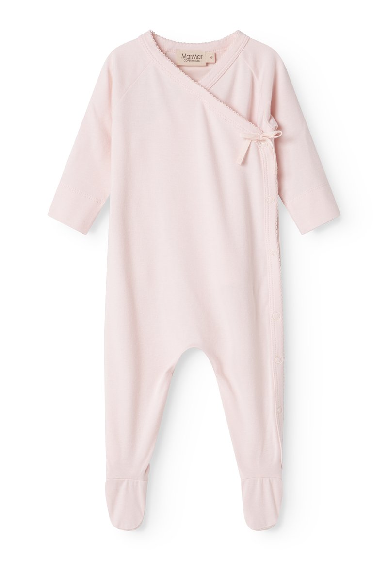 Hellrosa, langärmliges Babyoutfit mit Wickeldesign, seitlichen Knöpfen und einer dekorativen Schleife. Aus weichem Stoff mit Füßchen für zusätzlichen Komfort.