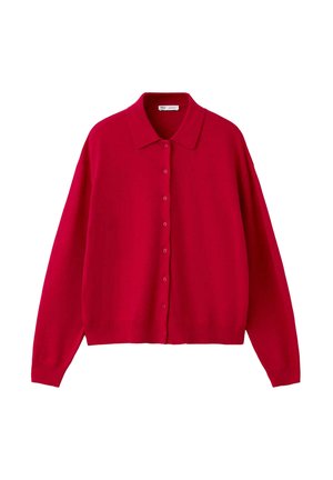 Red long-sleeve cardigan with a collar and front buttons, displayed flat on a white background.
