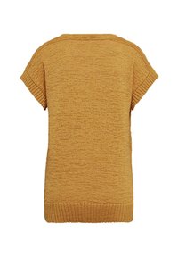 Mosterdgele gebreide trui met korte mouwen, een gestructureerde afwerking, ribbelhals en -zoom, en een ontspannen boxy vorm.