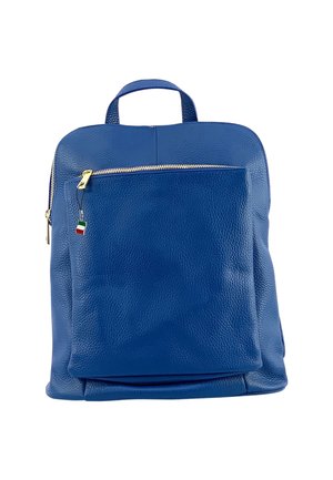 Blue leather backpack with textured surface, a front zip pocket, and gold-tone hardware. Features a top handle and adjustable shoulder straps.