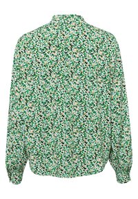Blouse à manches longues avec col froncé, poignets boutonnés, et motif floral abstrait vert, noir, bleu et beige sur tissu blanc.