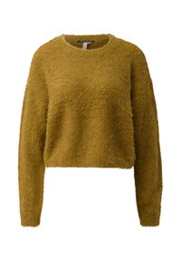 Mosterdkleurige, fluffy sweater met een ronde hals en lange mouwen; cropped stijl met een zachte textuur en zonder zichtbare sluitingen of patronen.